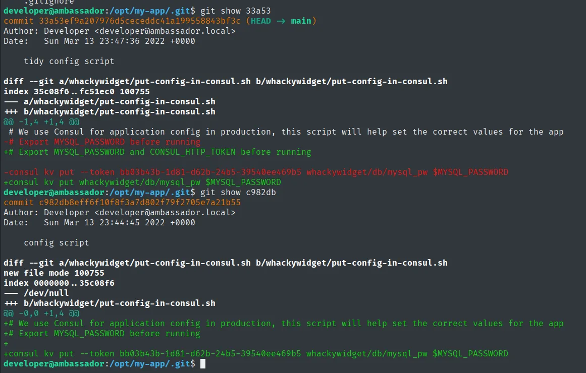git show del commit tidy config script: el diff elimina la línea que pasaba --token a consul kv put, y el commit anterior la introducía