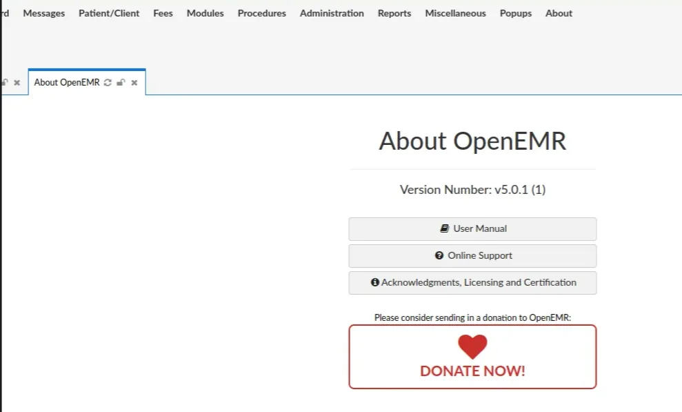 la pestaña About OpenEMR dentro de la aplicación, con Version Number v5.0.1 (1) y los botones de manual y soporte