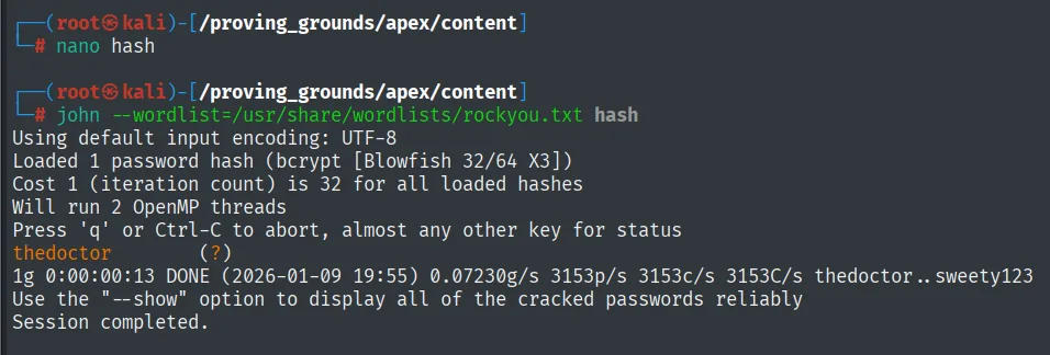 John rompiendo el bcrypt de admin y revelando la contrasena thedoctor