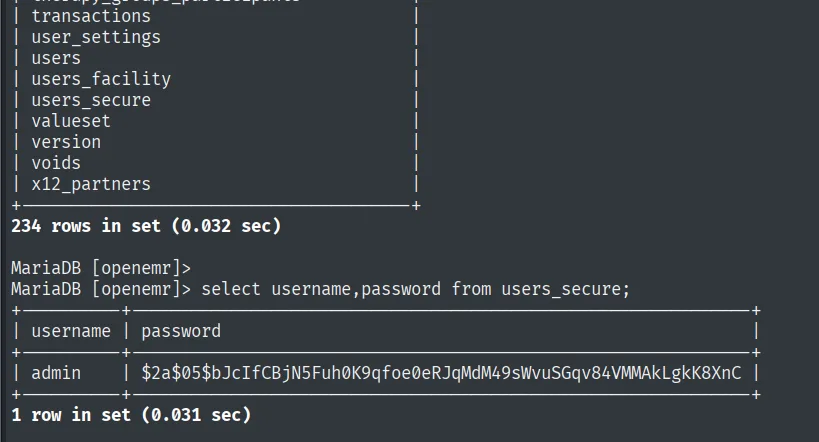 Consulta a users_secure mostrando el usuario admin y su hash bcrypt