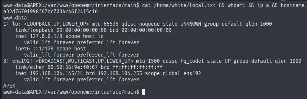 local.txt leido como www-data en APEX, con IP 192.168.104.145