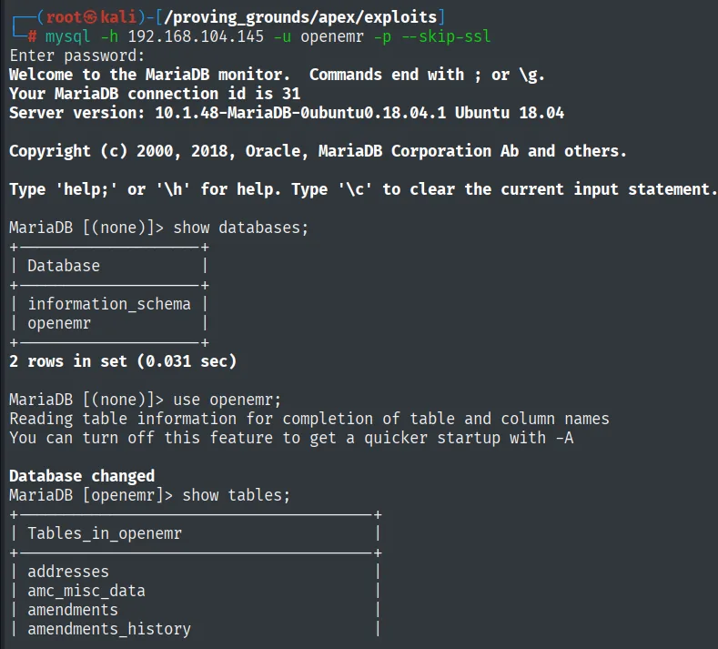 Login en MariaDB como openemr; show databases muestra openemr y show tables lista addresses, amc_misc_data...