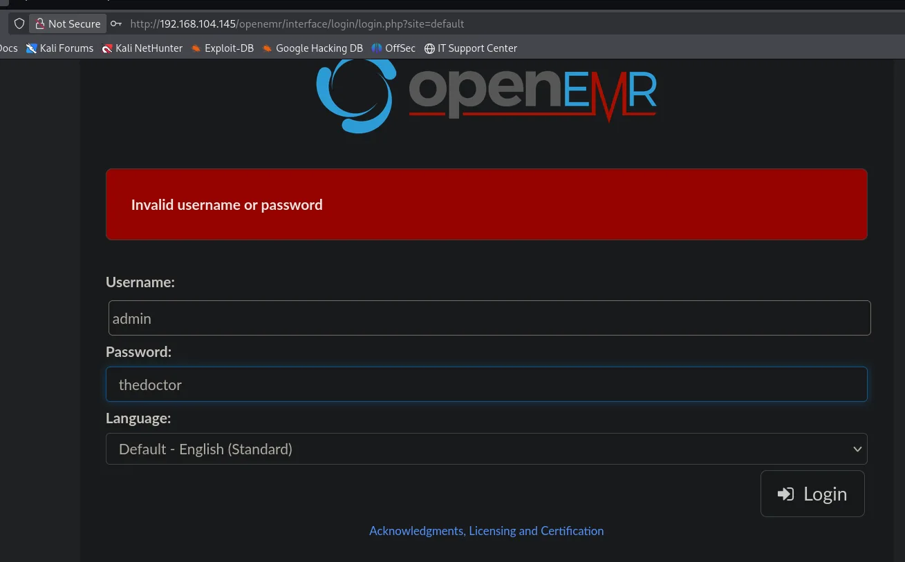 Formulario de login de OpenEMR con usuario admin y contrasena thedoctor