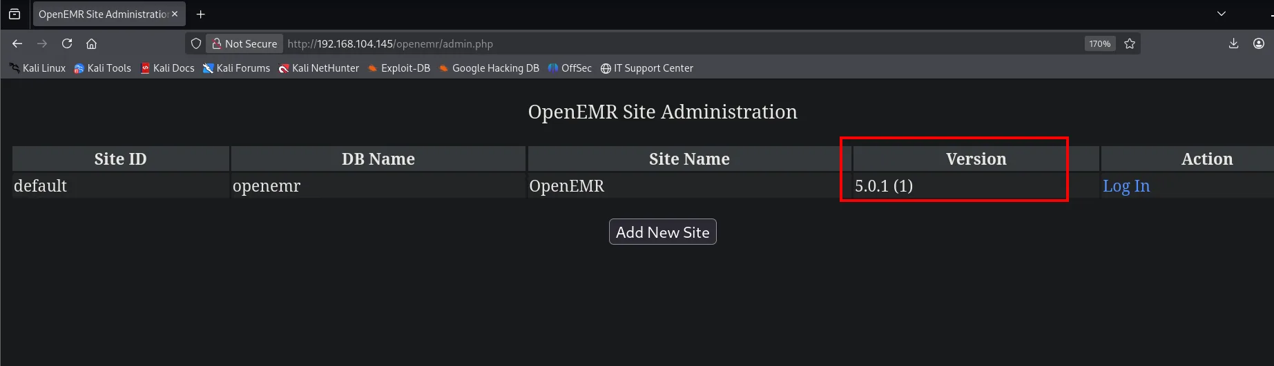 OpenEMR Site Administration (admin.php) confirma la versión 5.0.1