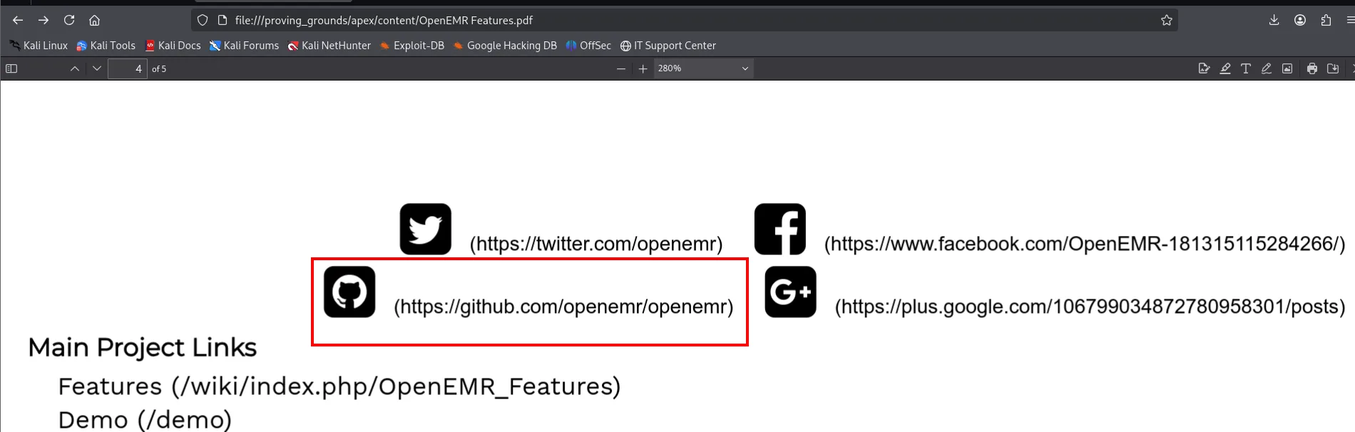 PDF "OpenEMR Features" mostrando el enlace github.com/openemr/openemr