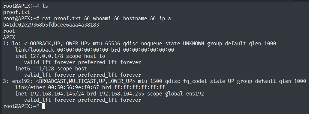 proof.txt leido como root en APEX, con whoami root
