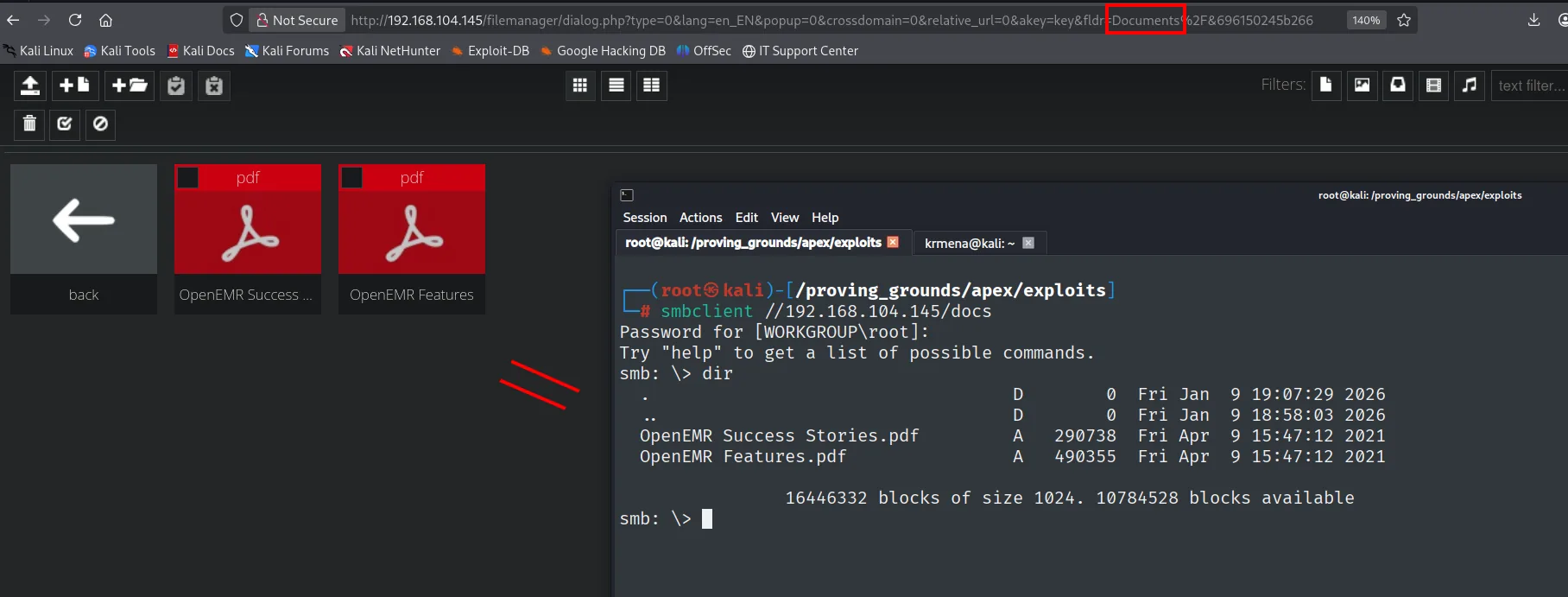 Filemanager mostrando la carpeta Documents con los dos PDFs y, en paralelo, smbclient //docs listando los mismos ficheros