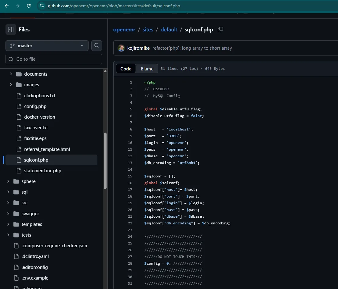 Repositorio de OpenEMR en GitHub mostrando sites/default/sqlconf.php y su estructura de credenciales