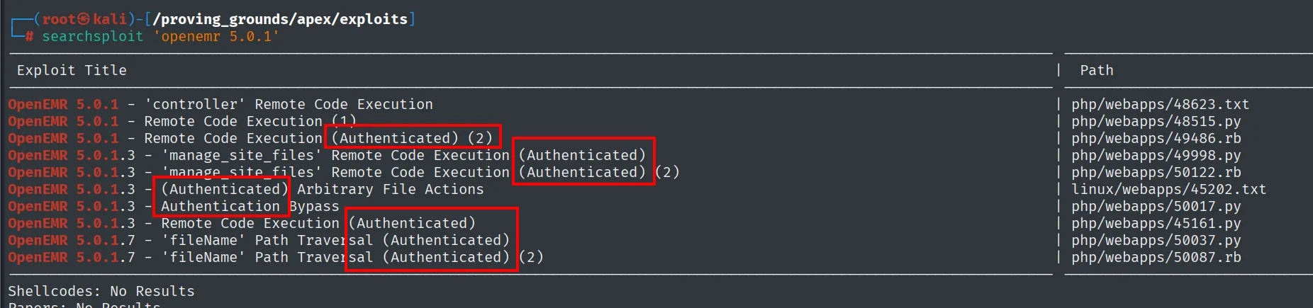 searchsploit openemr 5.0.1 listando varios RCE autenticados, entre ellos 45161.py