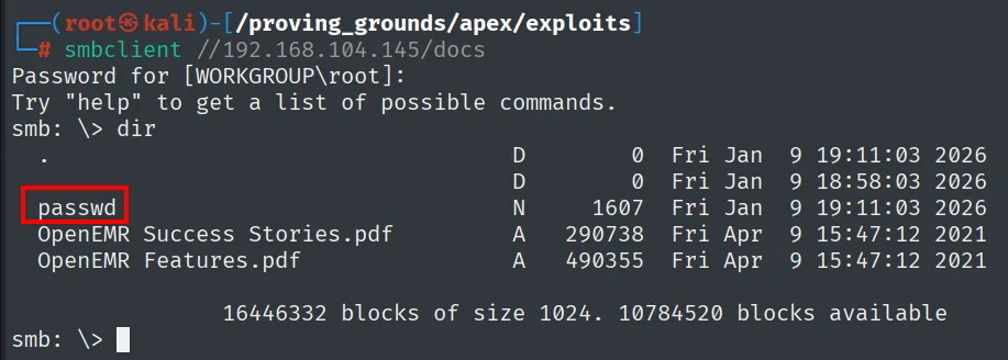 smbclient //docs listando el fichero passwd (1607 bytes) junto a los dos PDFs