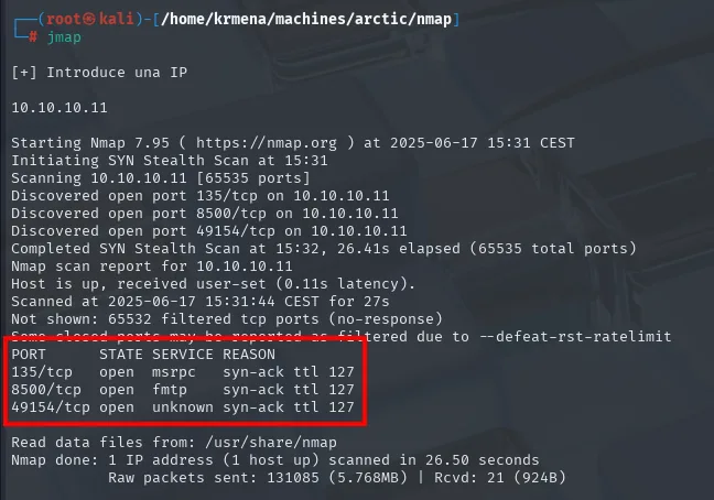 el escaneo SYN completo descubre 135/msrpc, 8500/fmtp y 49154, los tres con syn-ack ttl 127