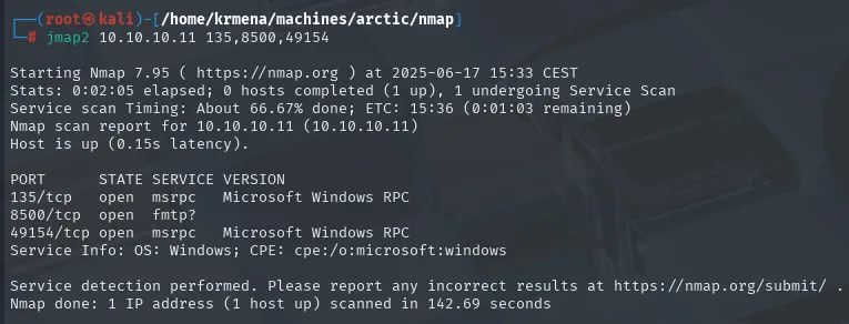 escaneo -sCV de los tres puertos: 135 y 49154 msrpc, el 8500 sin identificar como fmtp?