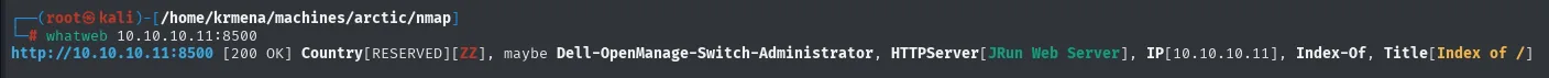 whatweb sobre el 8500 identifica el JRun Web Server, el módulo Index-Of y un título de listado de directorio