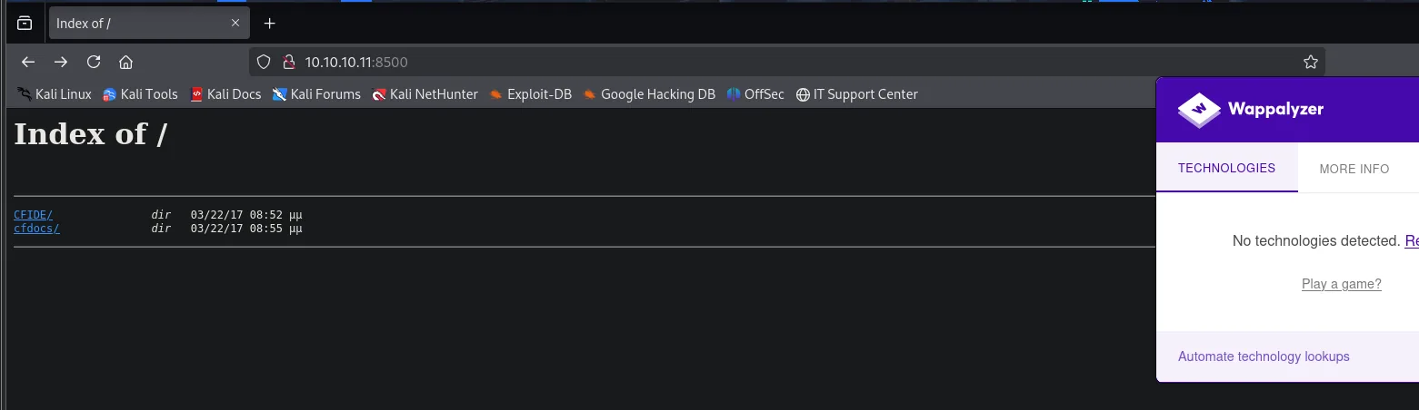la raíz del 8500 lista CFIDE/ y cfdocs/ mientras Wappalyzer informa de que no detecta tecnologías