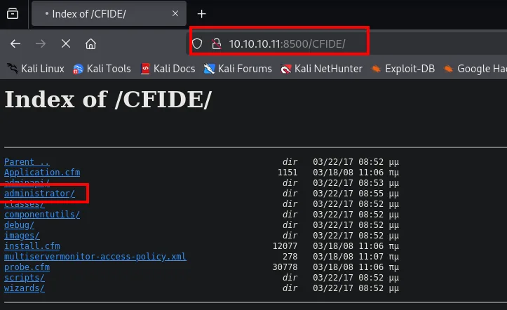 listado de /CFIDE/ con el directorio administrator/ entre los recursos