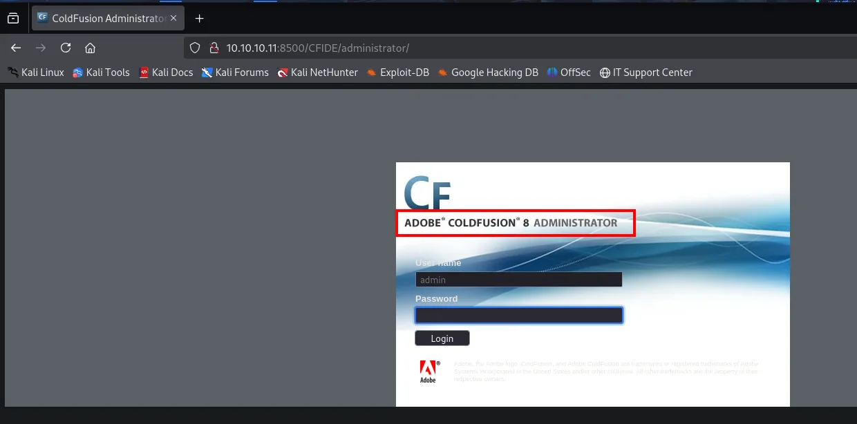 panel de login de Adobe ColdFusion 8 Administrator