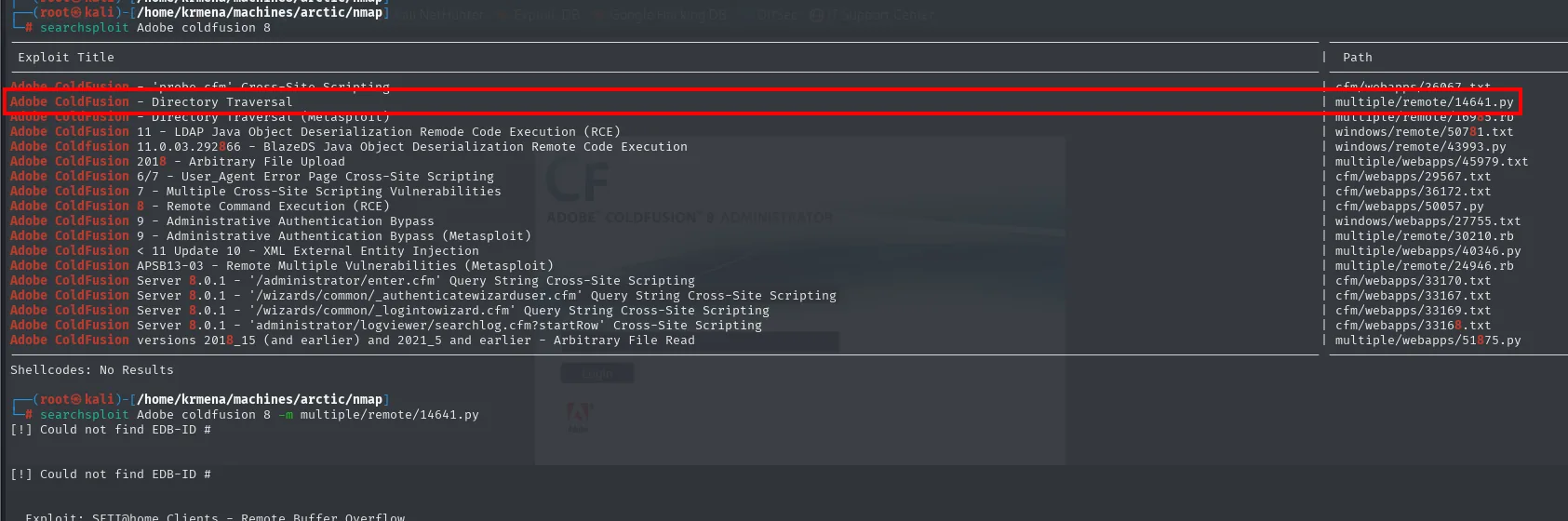 searchsploit lista los exploits de ColdFusion y el -m falla con Could not find EDB-ID