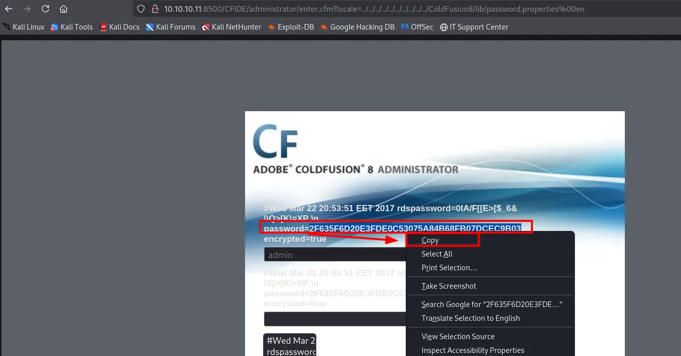 el directory traversal expone password.properties con el hash del administrador sobre el formulario