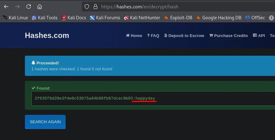 hashes.com informa de 1 hash comprobado, 1 encontrado, y resuelve la contraseña happyday