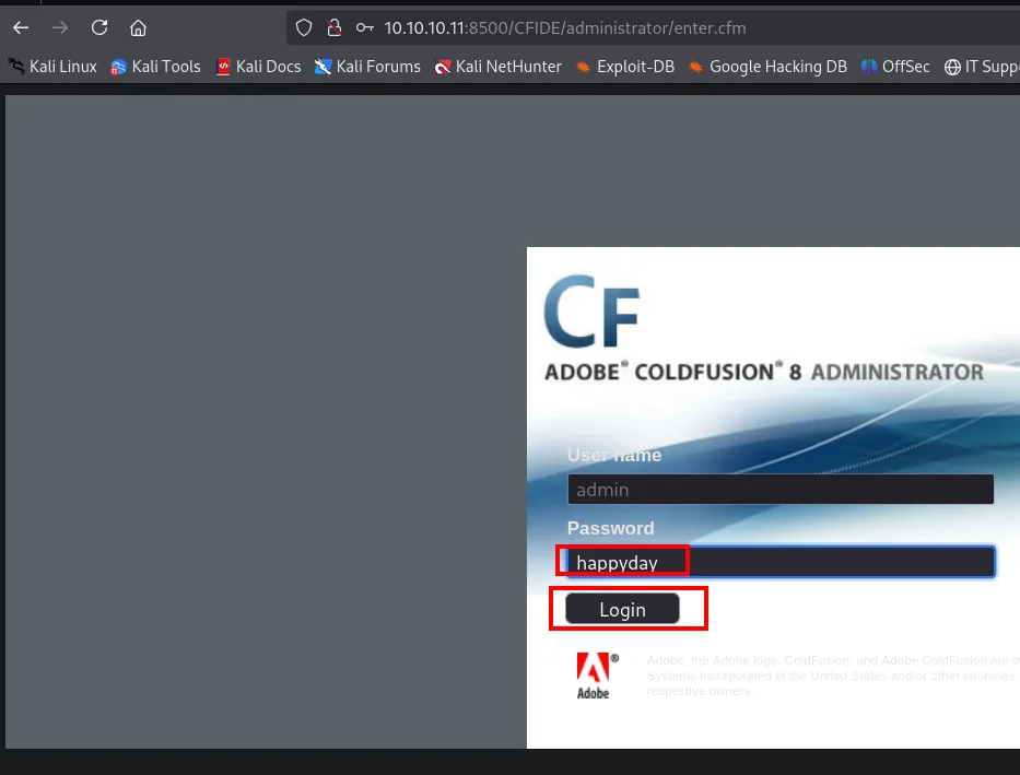 el panel de ColdFusion 8 con el usuario admin y la contraseña happyday escritos y el botón Login resaltado