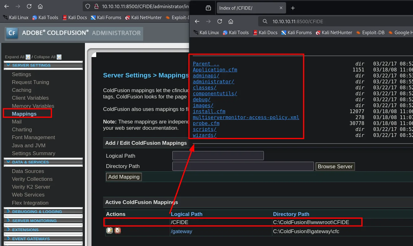 la pestaña Mappings muestra /CFIDE apuntando a C:\ColdFusion8\wwwroot\CFIDE junto al listado del directorio