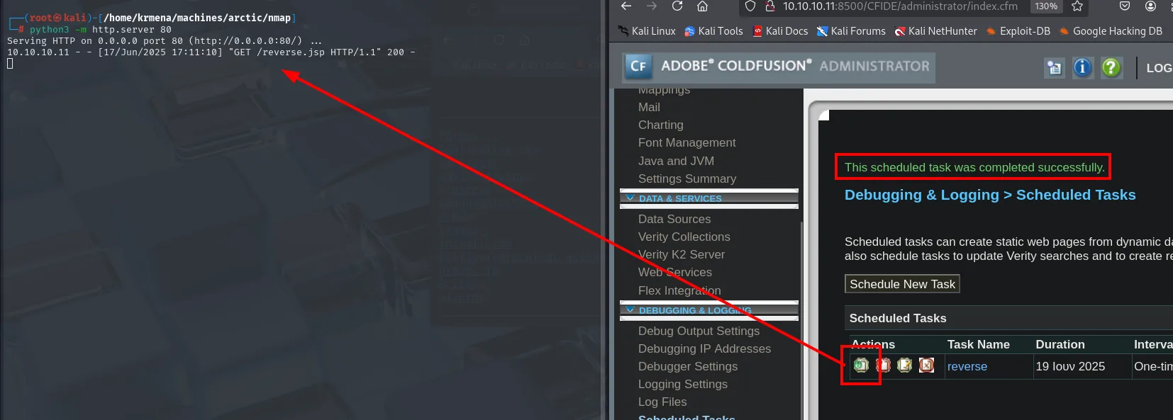 el panel da la tarea por completada y el http.server registra el GET /reverse.jsp desde 10.10.10.11