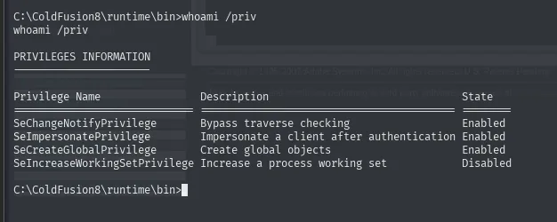 whoami /priv muestra SeImpersonatePrivilege habilitado