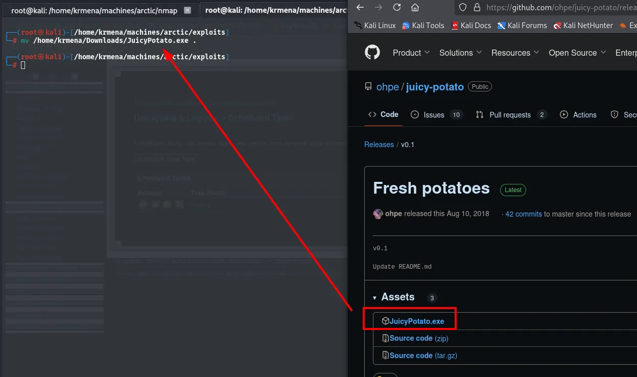 la release v0.1 Fresh potatoes de ohpe/juicy-potato en GitHub con el asset JuicyPotato.exe resaltado