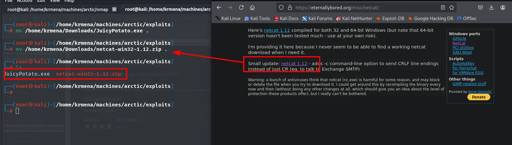 la página de netcat de eternallybored con la nota de la version 1.12 resaltada, y en el terminal el mv del zip descargado