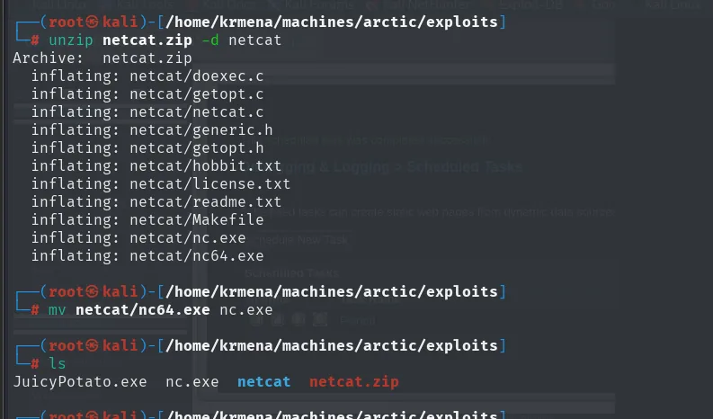 el unzip del netcat extrae nc.exe y nc64.exe entre las fuentes, y el mv deja nc.exe junto a JuicyPotato.exe