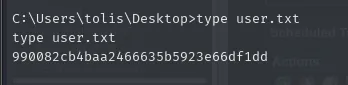 shell como tolis: type user.txt muestra la flag de usuario