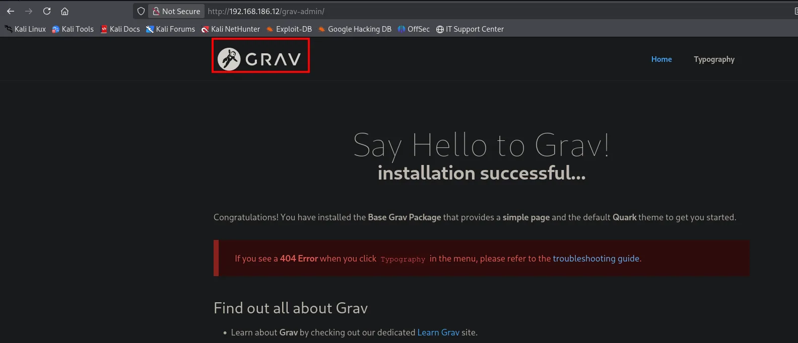 Página "Say Hello to Grav! installation successful" con el logo de Grav
