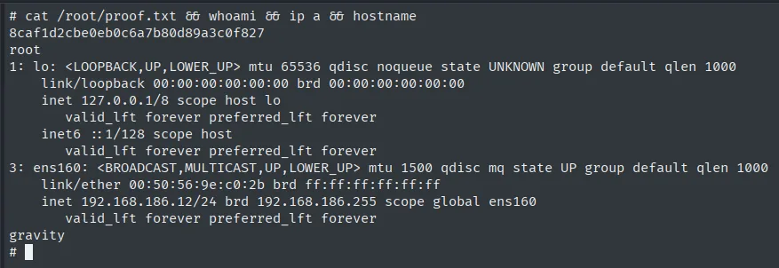 proof.txt leída como root en gravity (192.168.186.12)