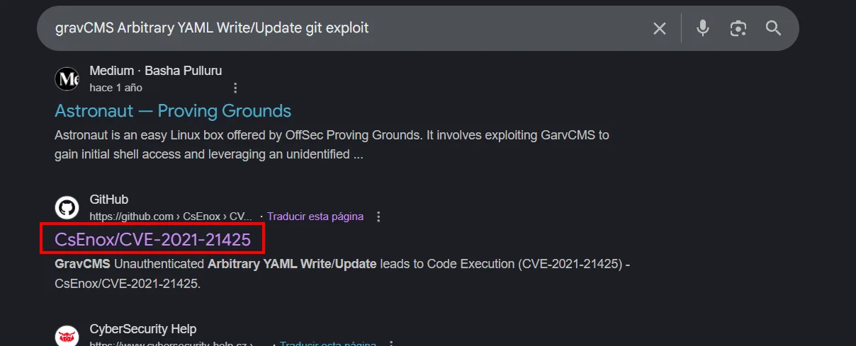 Búsqueda gravCMS Arbitrary YAML Write/Update git exploit: el repositorio CsEnox/CVE-2021-21425 descrito como GravCMS Unauthenticated Arbitrary YAML Write/Update leads to Code Execution