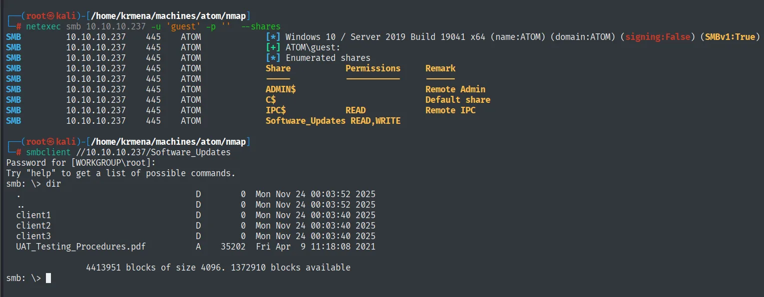 netexec lista los shares como guest: Software_Updates con READ,WRITE; dentro hay client1/2/3 y un PDF
