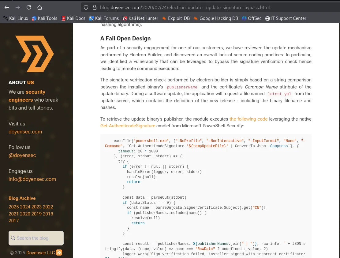 el artículo de Doyensec explica el diseño fail-open de la verificación de firma