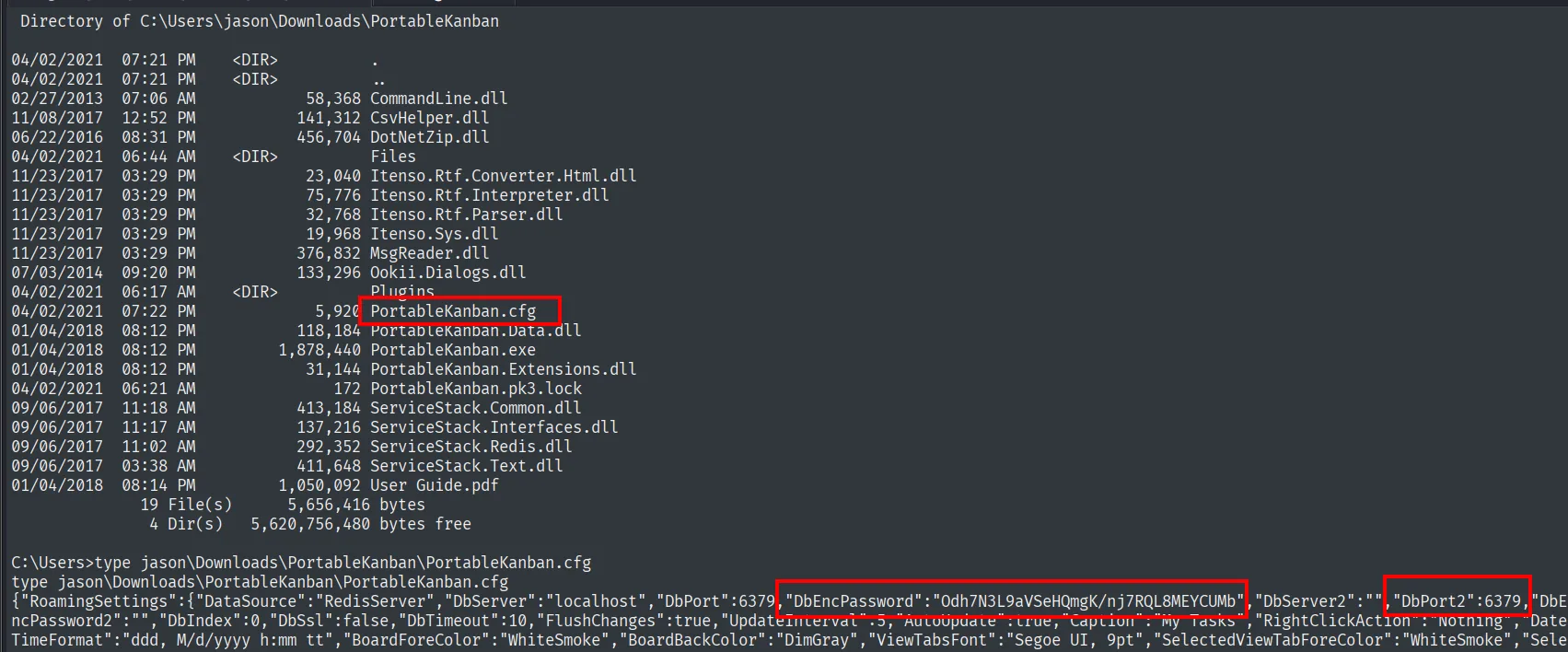 el directorio de PortableKanban y su fichero .cfg, que contiene DbEncPassword y apunta a un RedisServer