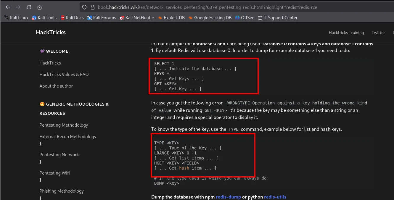 la página de HackTricks sobre pentesting de Redis con los comandos KEYS, TYPE y GET